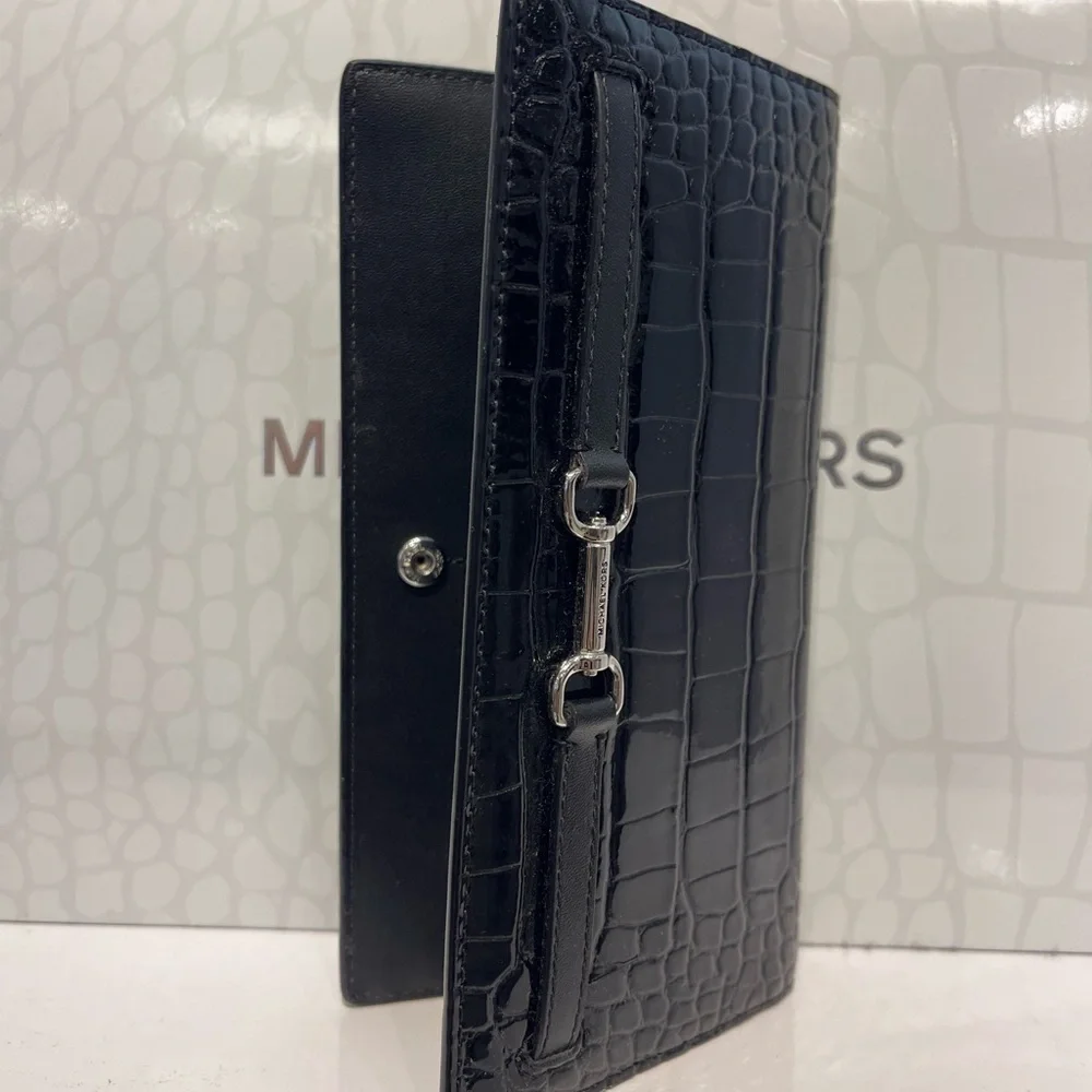 MICHAEL KORS Carson Large Snap Patent Crocodile Embossed Bifold Wallet Black NWT